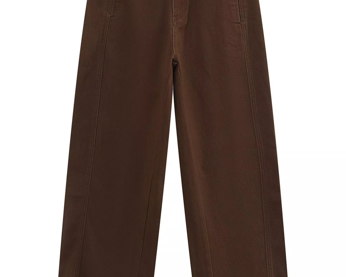 NEWYORKLISTED ATLAS MEN'S COLLECTION: A pair of dark brown wide-leg trousers shown flat against a solid white background.