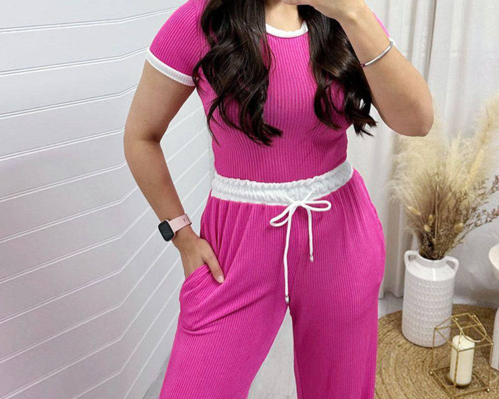 NYLD: Contrast Trim Round Neck Top and Pants Set - NEWYORKLISTED