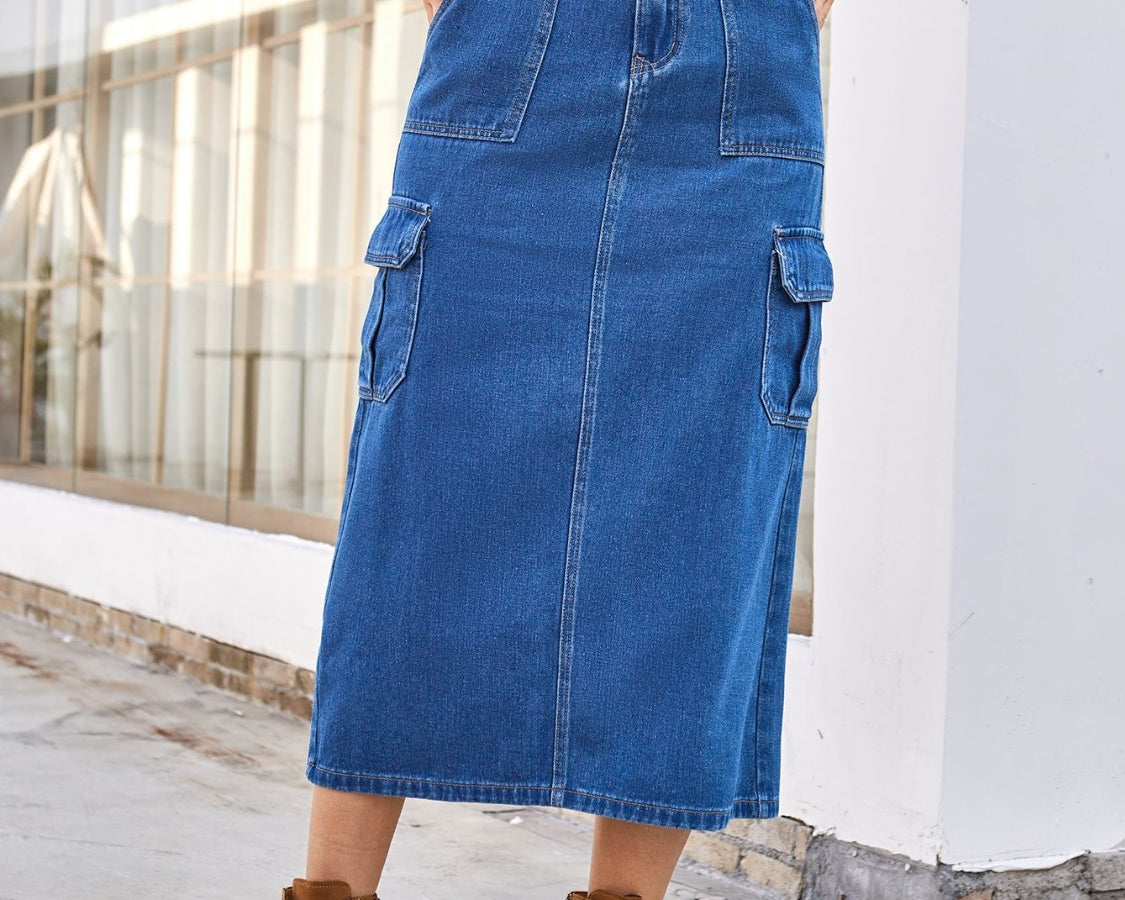 Slit Midi Denim Skirt with Pockets - NEWYORKLISTED