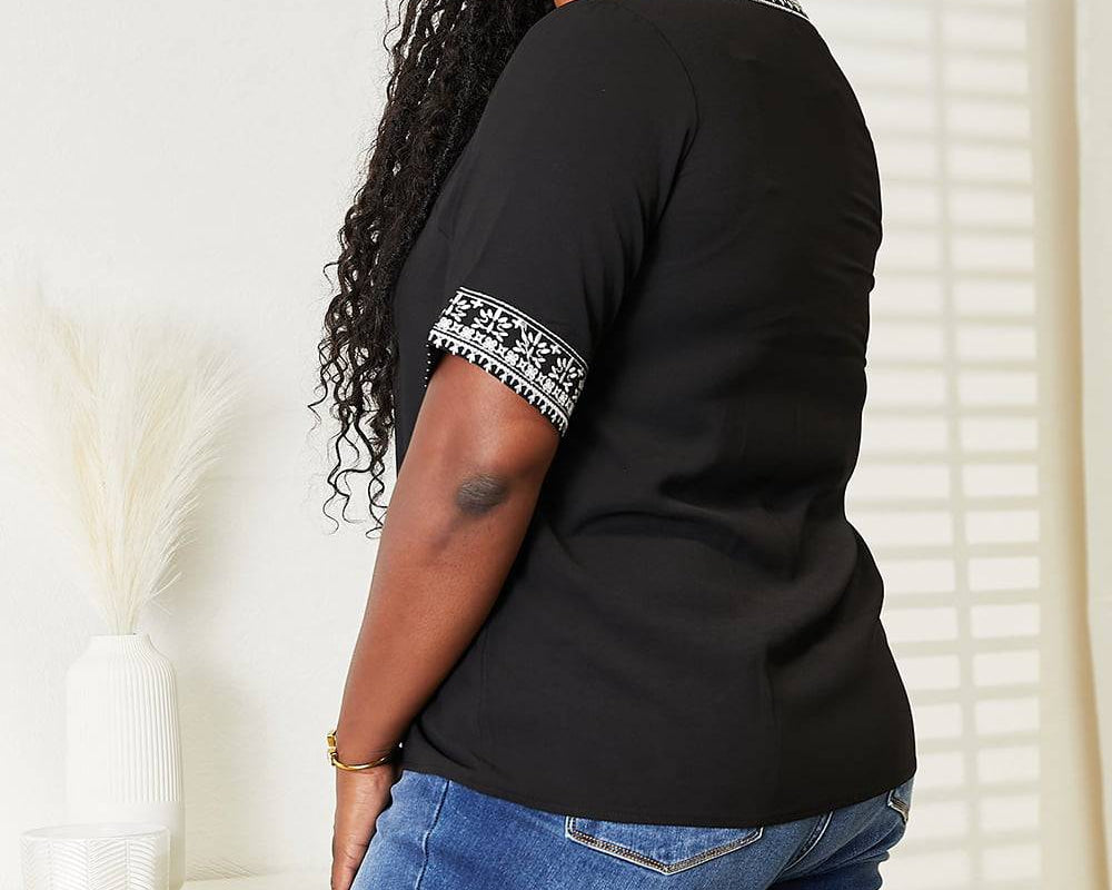 NEWYORKLISTED: Embroidered Notched Neck Top - NEWYORKLISTED