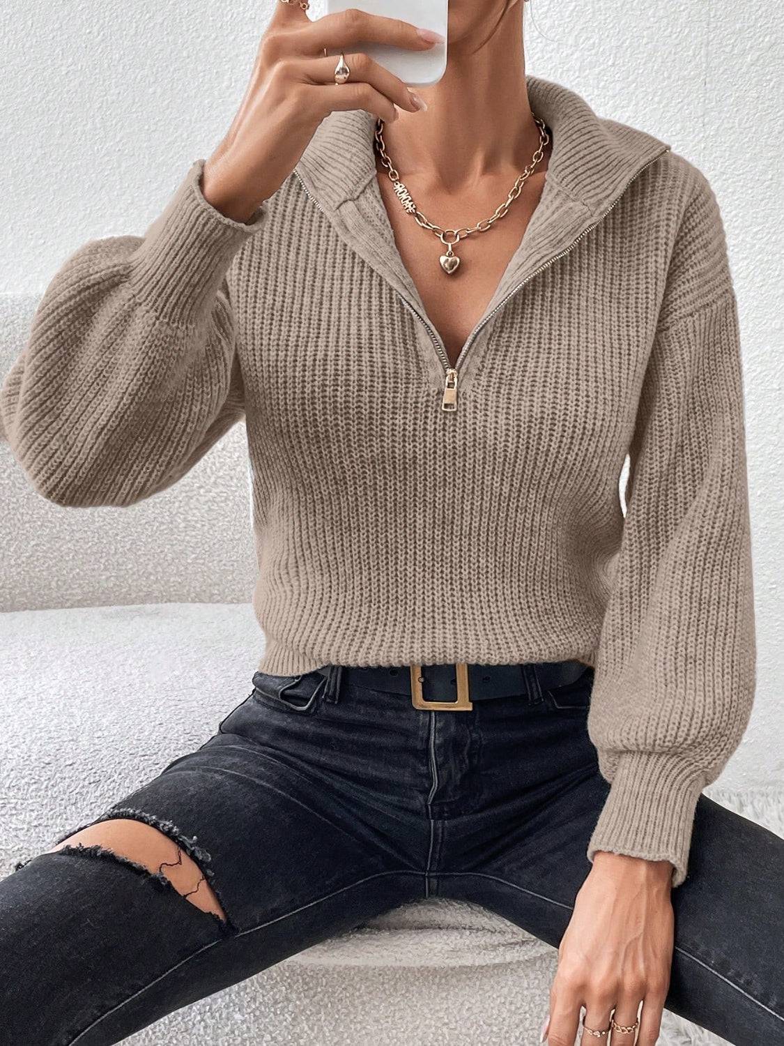 Honey Half Zip Dropped Shoulder Sweater - NEWYORKLISTED