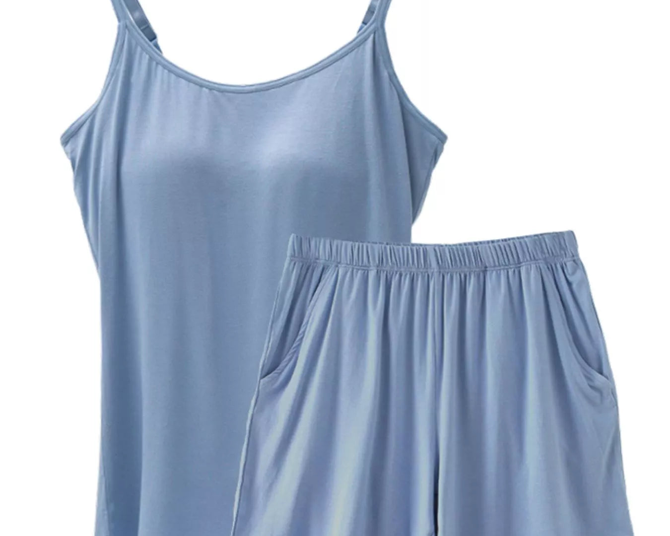 NEWYORKLISTED Intimate Apparel Collection: Light blue camisole and shorts set on a white background
