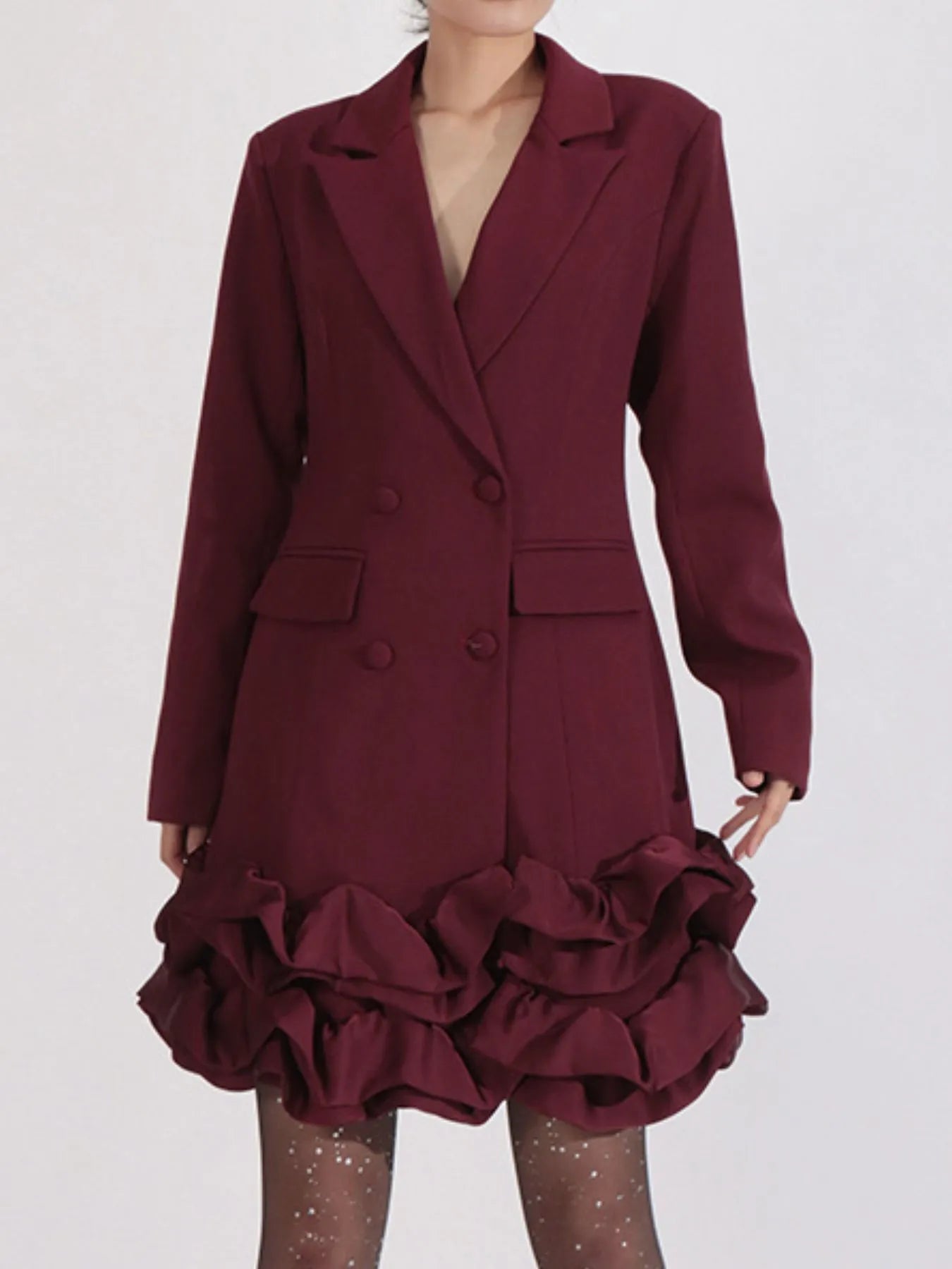 NEWYORKLISTED Runway Style: Maroon blazer dress with ruffled skirt on a white background