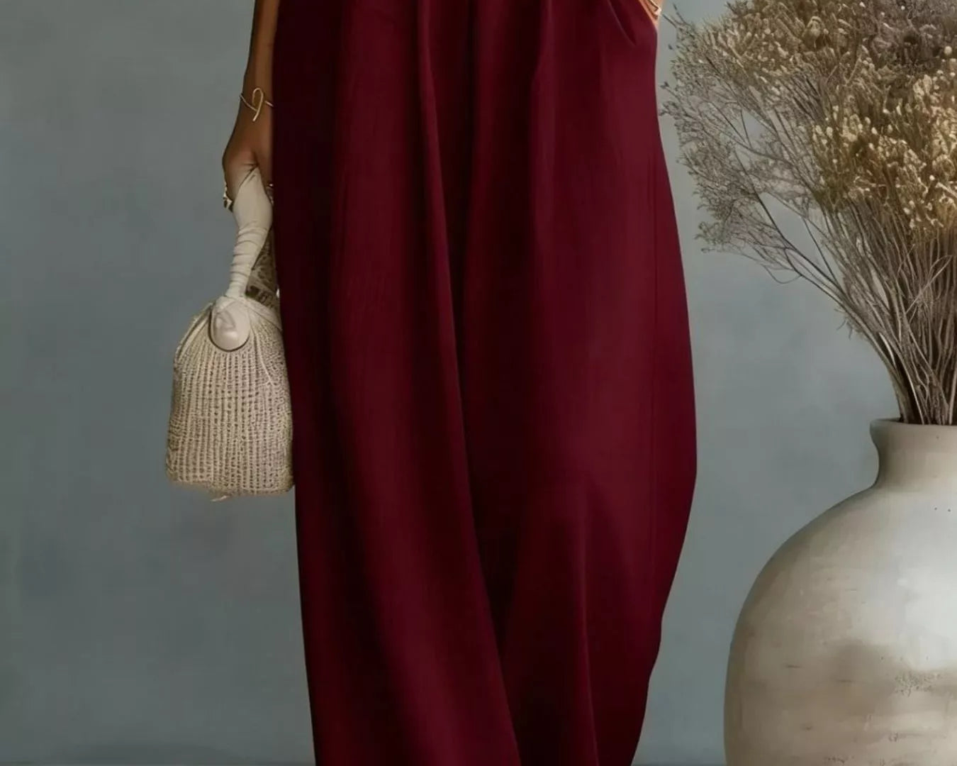 NEWYORKLISTED STYLE COLLECTION: Person wearing a burgundy dress holding a small bag against a neutral background