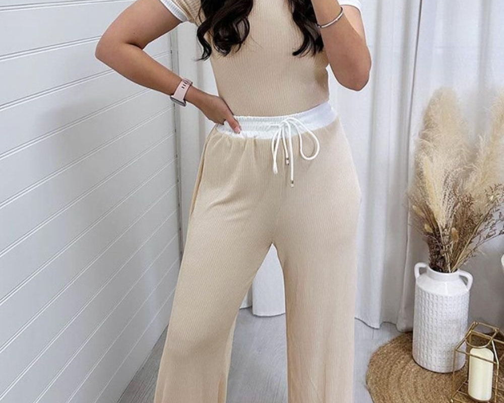 NYLD: Contrast Trim Round Neck Top and Pants Set - NEWYORKLISTED