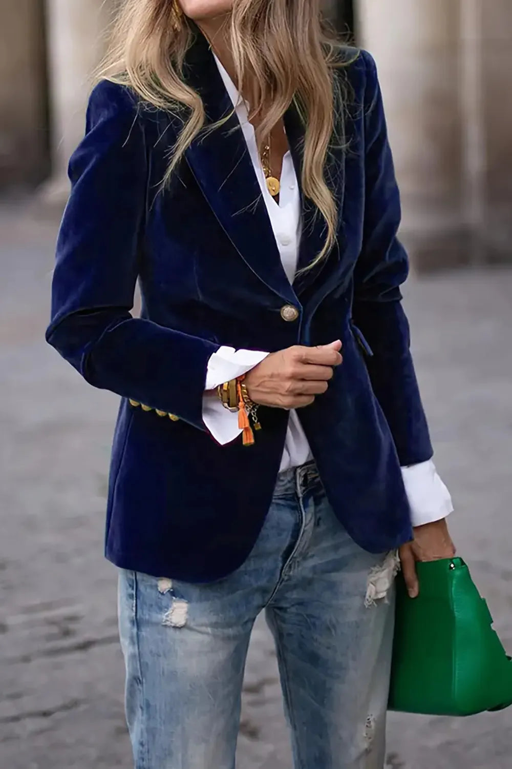 NEWYORKLISTED STYLE COLLECTION: One Button Lapel Collar Long Sleeve Blazer in Navy