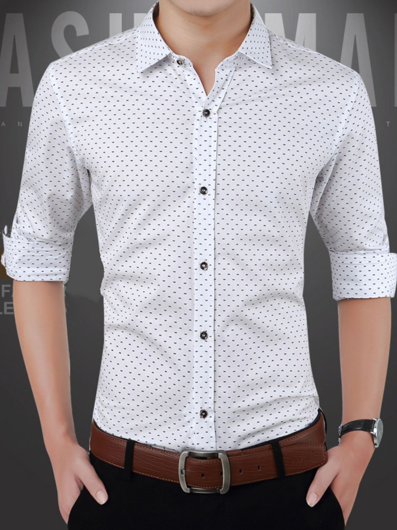 NEWYORKLISTED ATLAS MEN's COLLECTION: White shirt with black polka dots worn by a man on a dark background