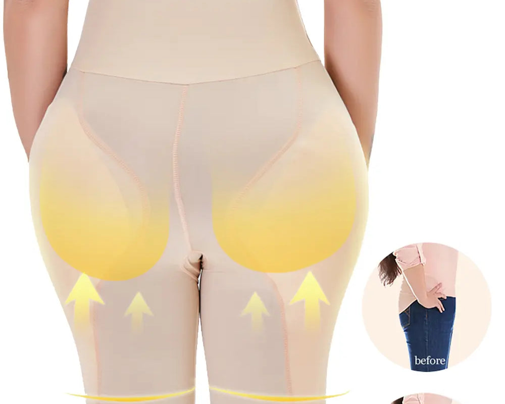 NEWYORKLISTED Intimate Apparel: Beige shapewear with yellow arrows indicating areas of focus on a white background.