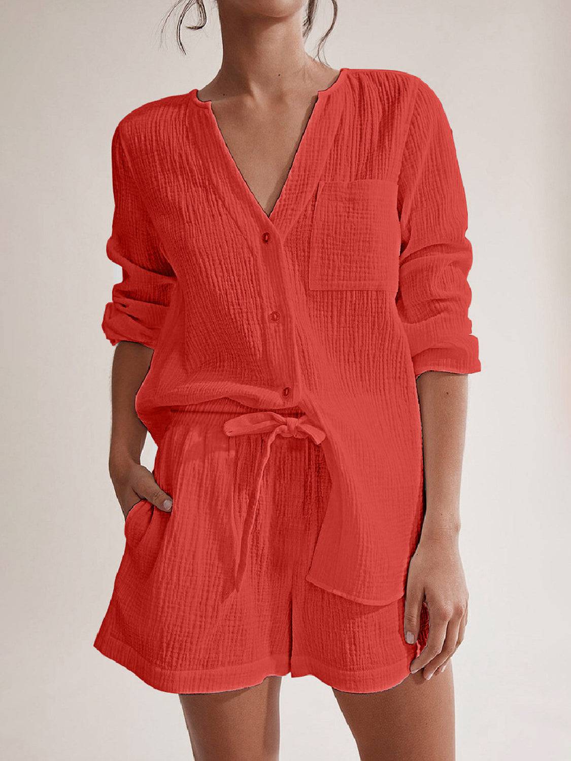 NYLD: Notched Long Sleeve Top and Shorts Set - NEWYORKLISTED