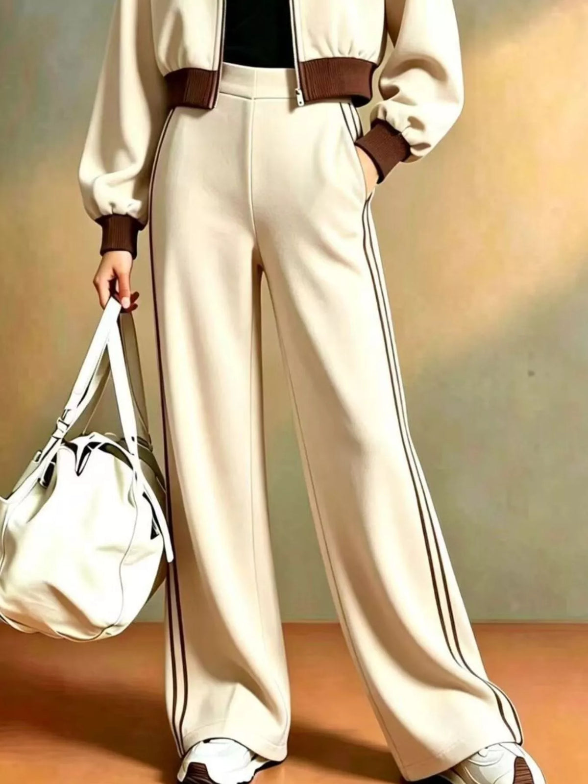 NEWYORKLISTED STYLE COLLECTION: A person wearing a cream-colored wide-leg track suit with brown trim and black side stripes, holding a matching cream duffel bag against a warm beige background.