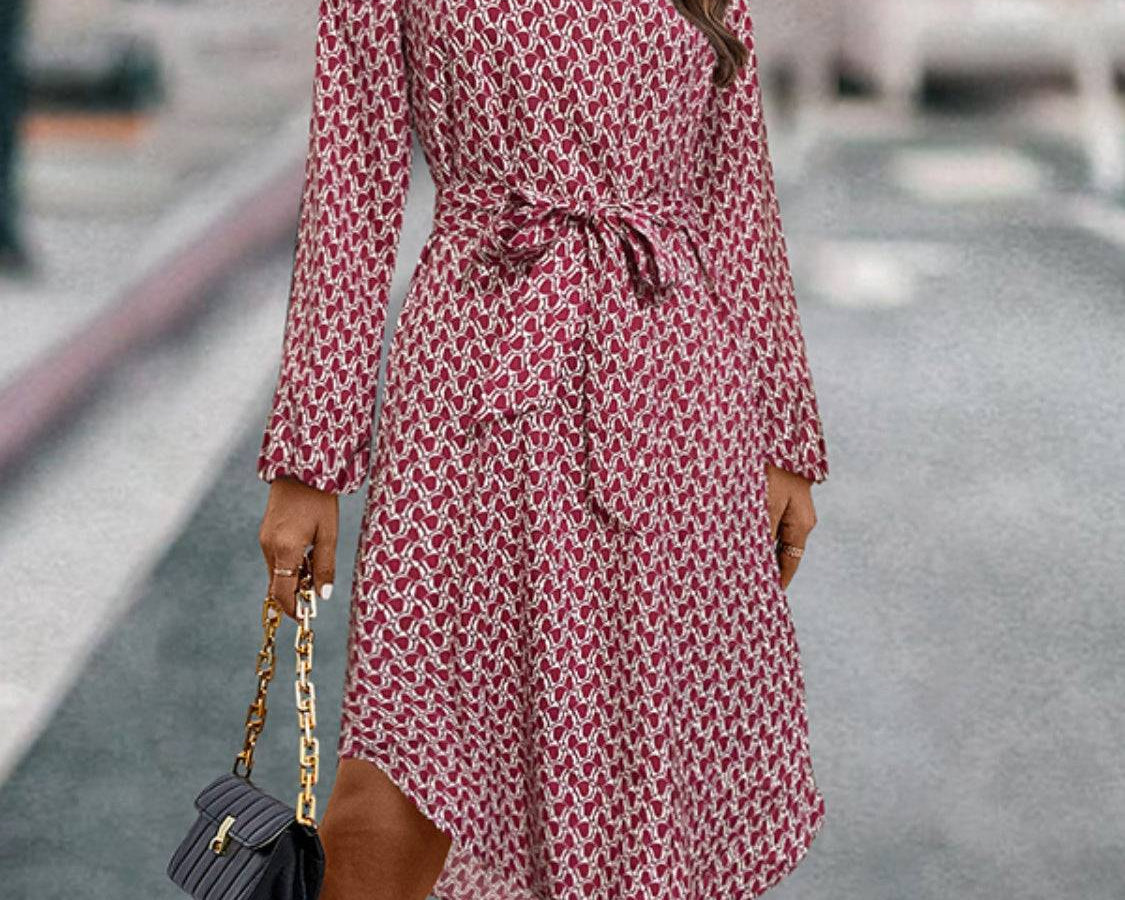 Tied Printed Notched Balloon Sleeve Dress - NEWYORKLISTED