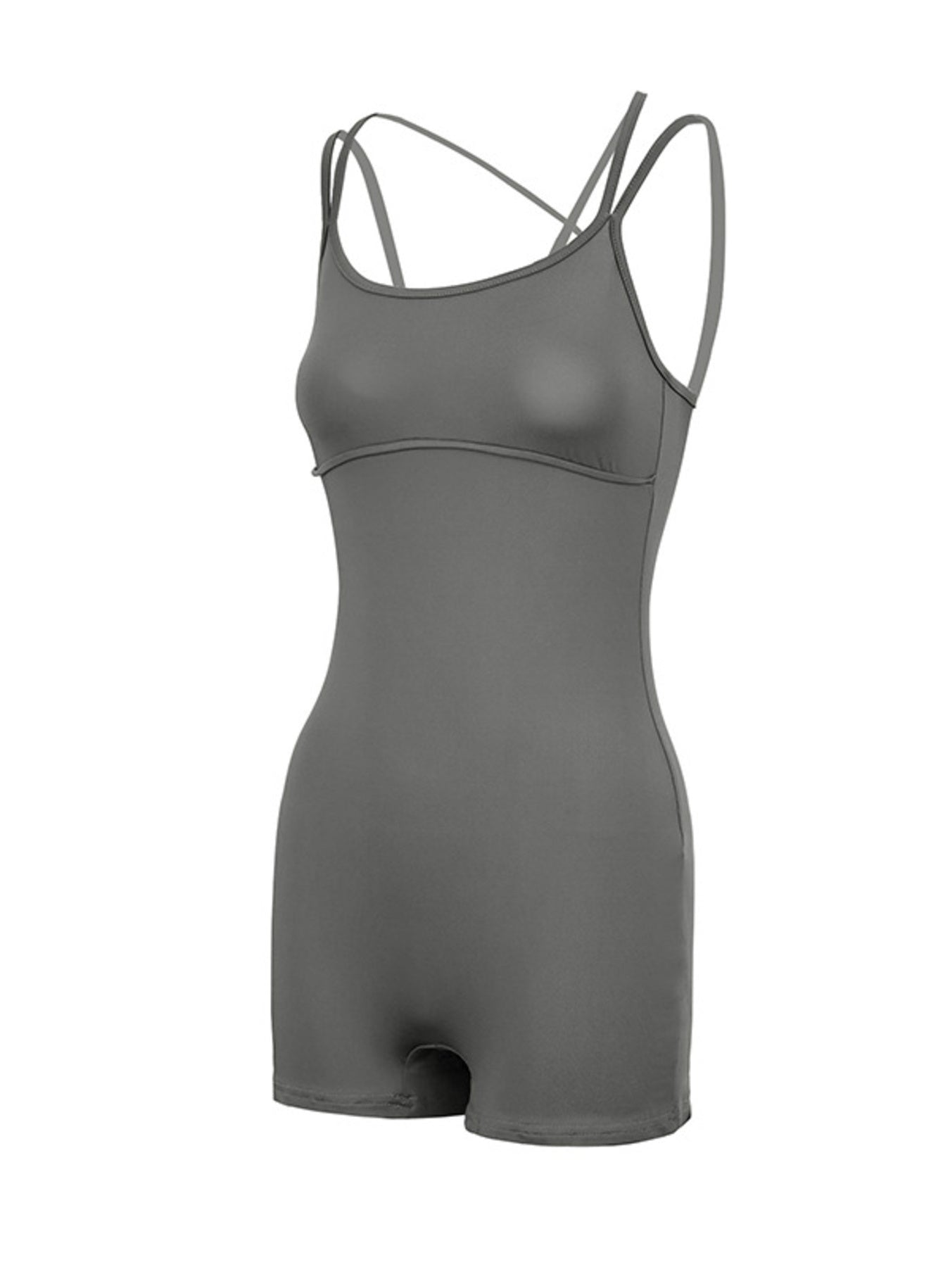 NEWYORKLISTED ACTIVEWEAR COLLECTION: Gray bodysuit with thin straps on a white background