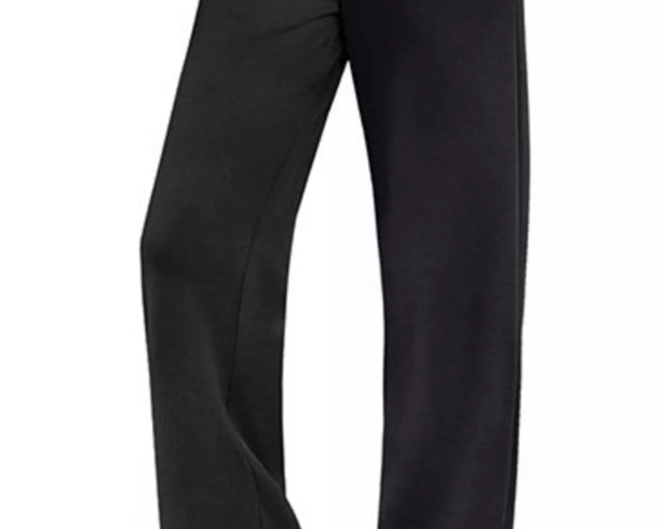 Black wide-leg pants worn with a black hoodie on a white background