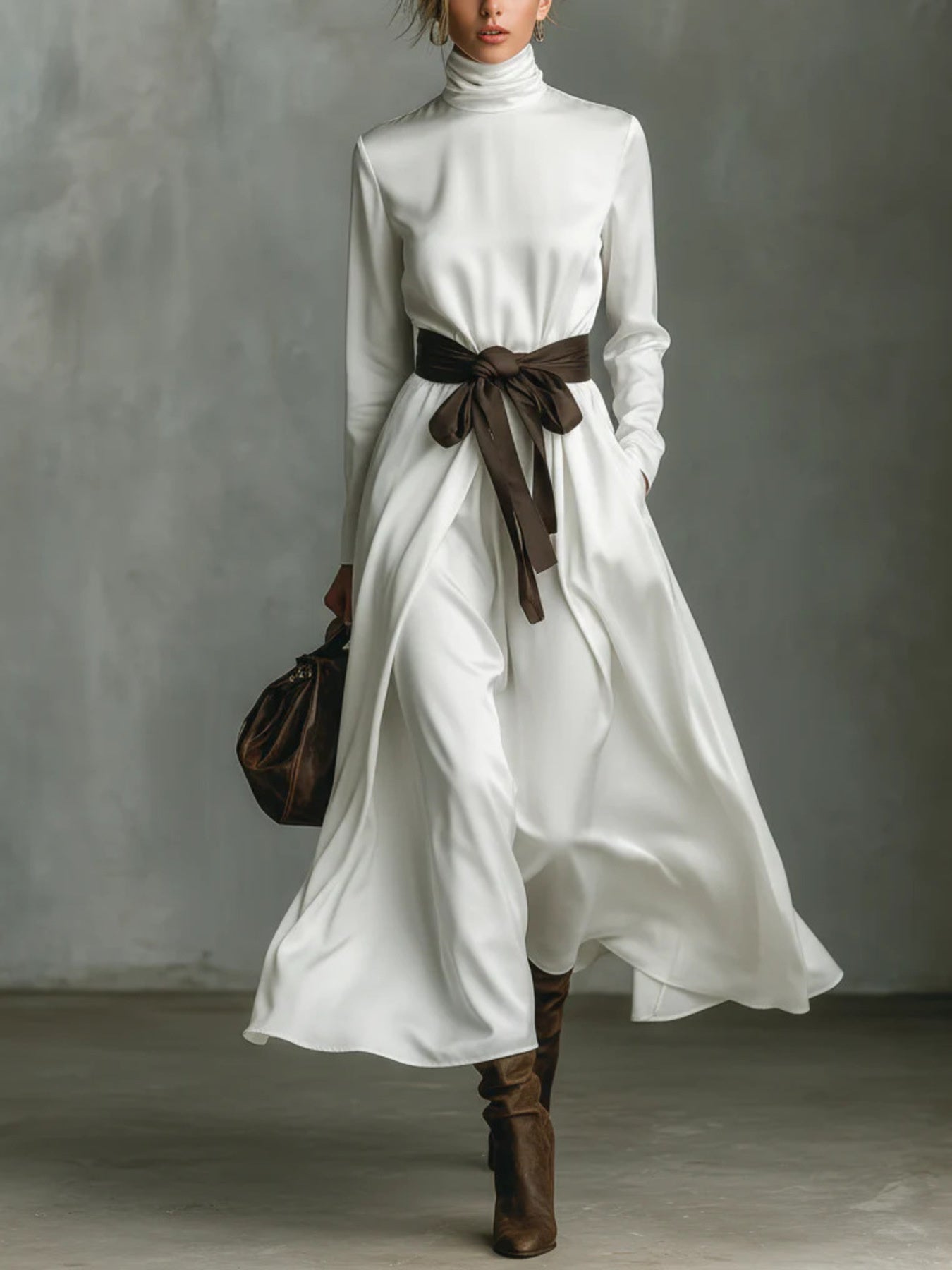 NEWYORKLISTED elegant turtleneck tie waist midi dress belted sophisticated women’s fashion midi length dress