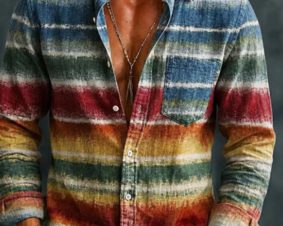 NEWYORKLISTED ATLAS MEN'S COLLECTION: Men's vintage multi-color striped long-sleeve shirt, model view