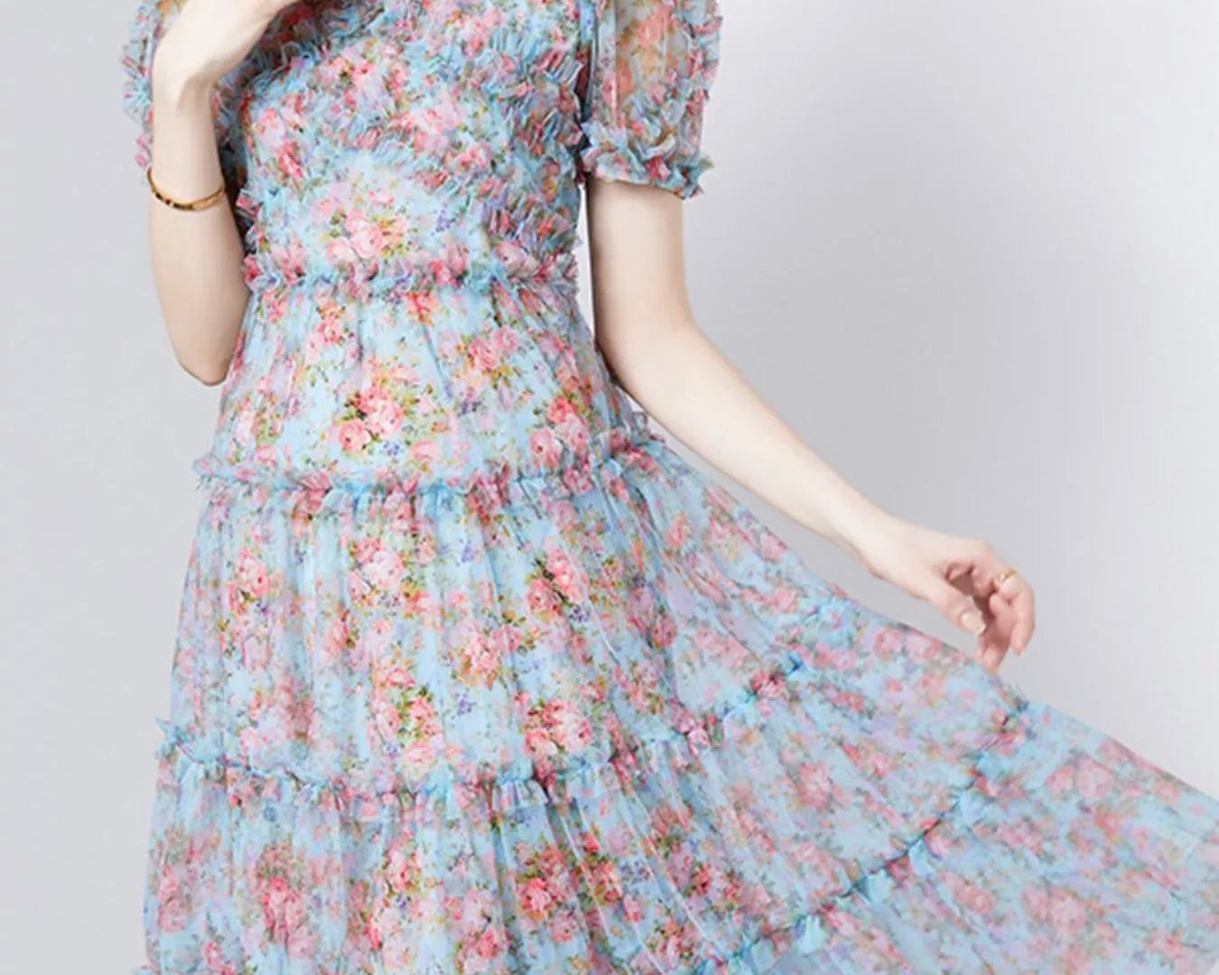 NEWYORKLISTED STYLE COLLECTION: Woman wearing a floral dress with a light gray background