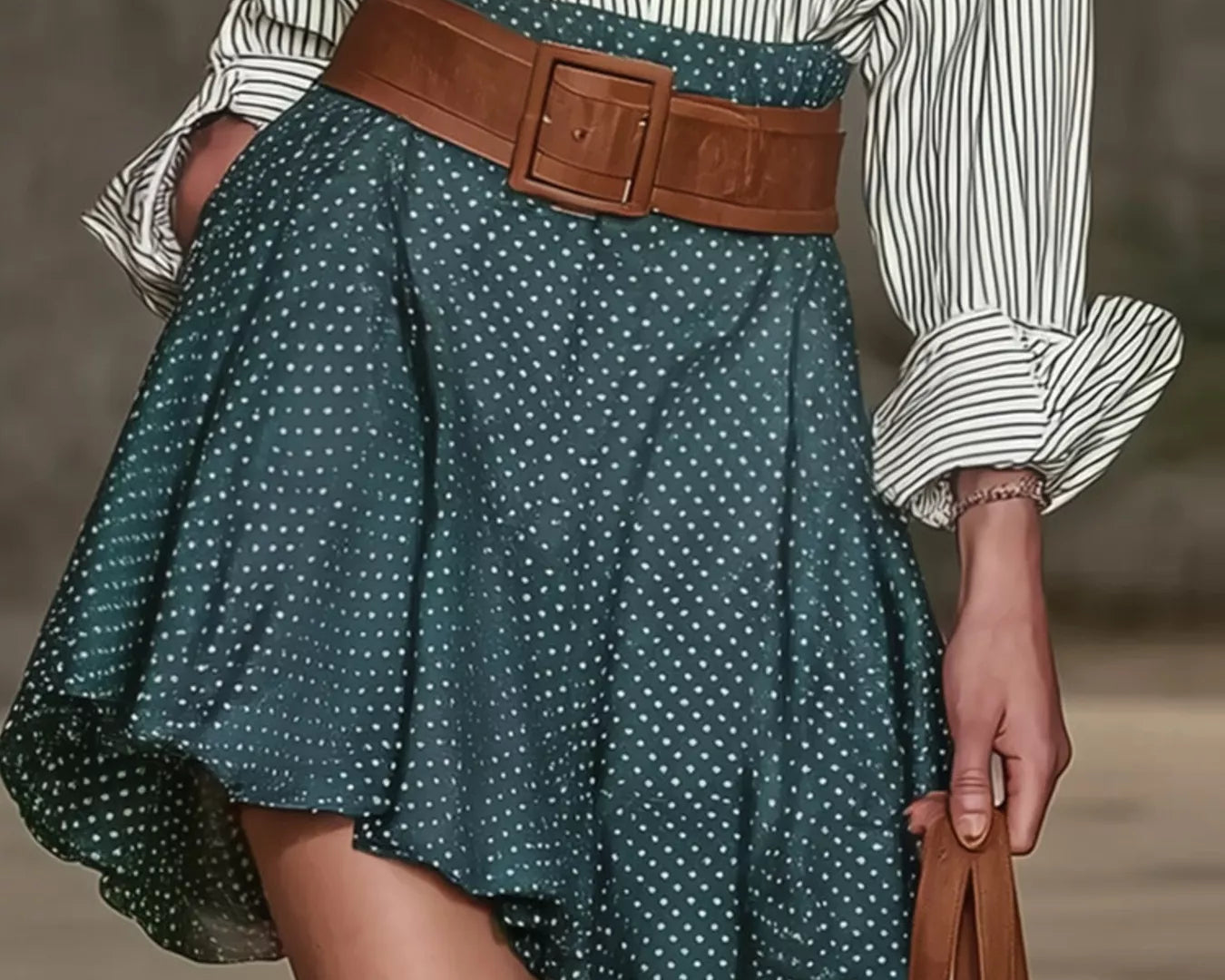 NEWYORKLISTED STYLE COLLECTION: A person wearing a green polka-dot high-low skirt with a wide brown belt, paired with a green and white striped shirt and brown boots, holding a brown leather bag.