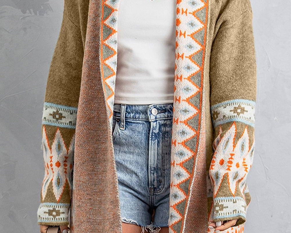 Geometric Open Front Long Sleeve Cardigan - NEWYORKLISTED