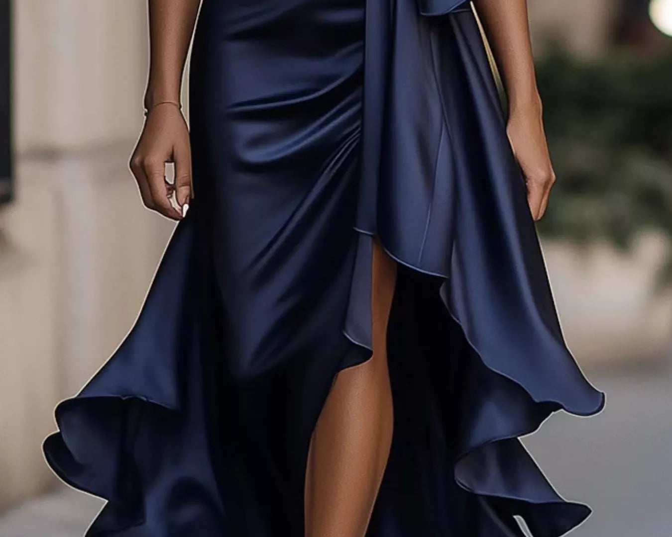 NEWYORKLISTED STYLE COLLECTION: Navy blue satin dress with a tie waist and ruched details on a blurred background