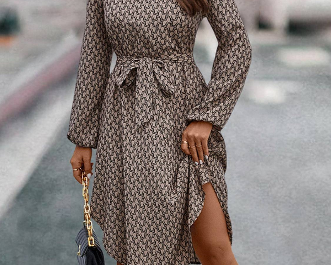 Tied Printed Notched Balloon Sleeve Dress - NEWYORKLISTED