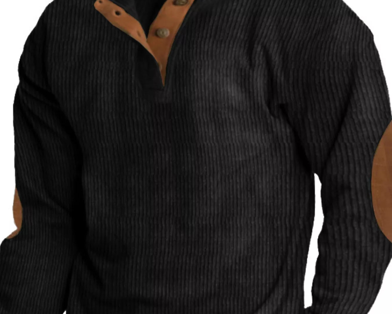 NEWYORKLISTED ATLAS MEN's COLLECTION: Black ribbed sweater with brown leather accents on a white background