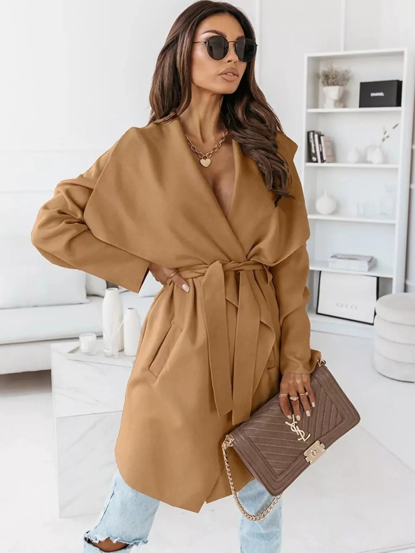 NEWYORKLISTED STYLE COLLECTION: Tie-Waist Long Sleeve Outerwear Coat — Elegant Belted Layering Jacket
