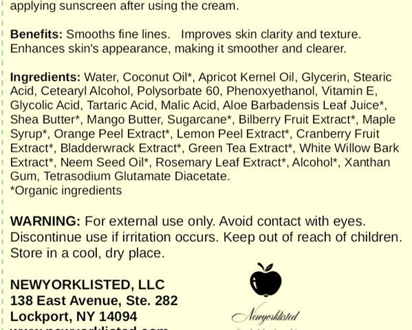 Back label of AHA Cream from New York Listed with ingredients and instructions.