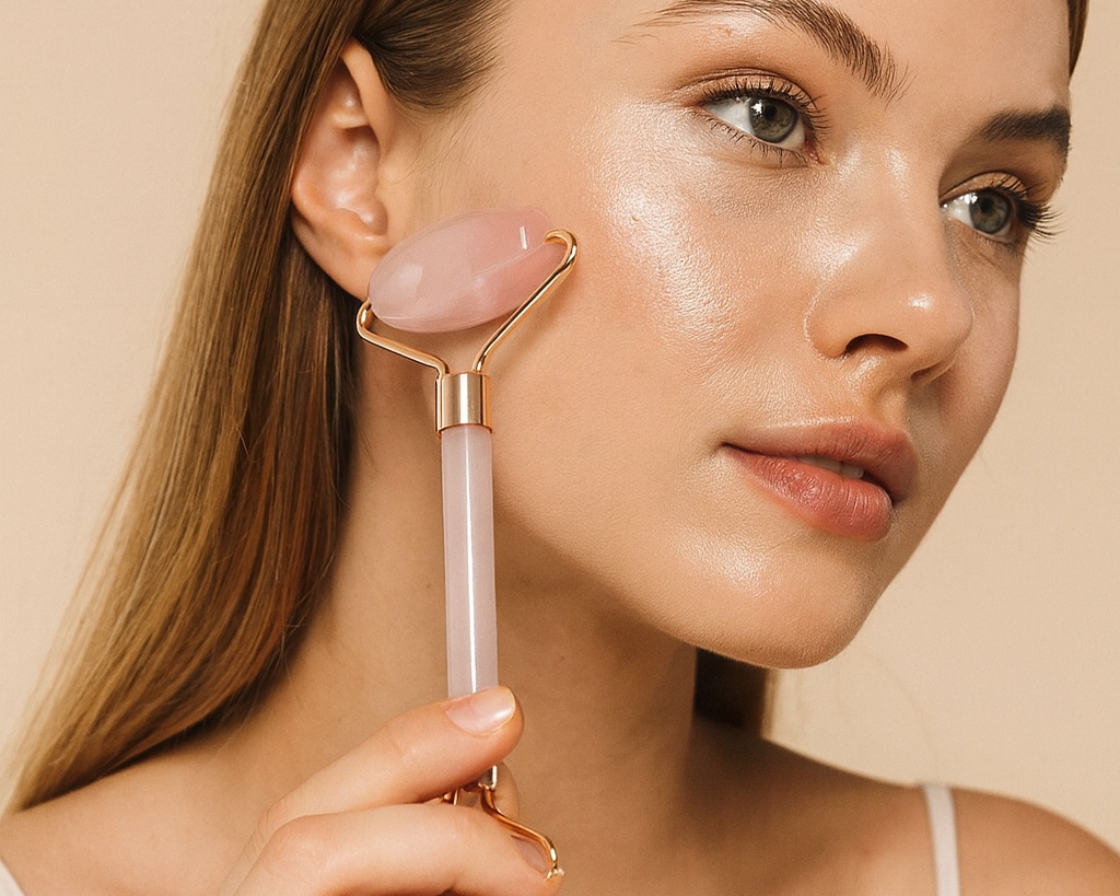 NEWYORKLISTED Cosmetic Collection: model using the NEWYORKLISTED rose quartz face roller.