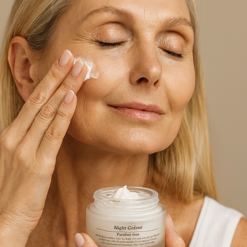 NEWYORKLISTED DIAMOND SPA COLLECTION: Woman applying NEWYORKLISTED Night Renewal Cream to her face with a jar of 'Nuit Crème' in the foreground.