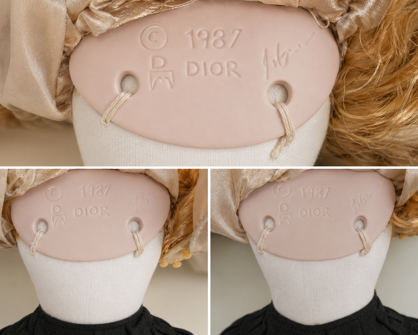 Close-up of a Dior label on a mannequin head with blonde hair.