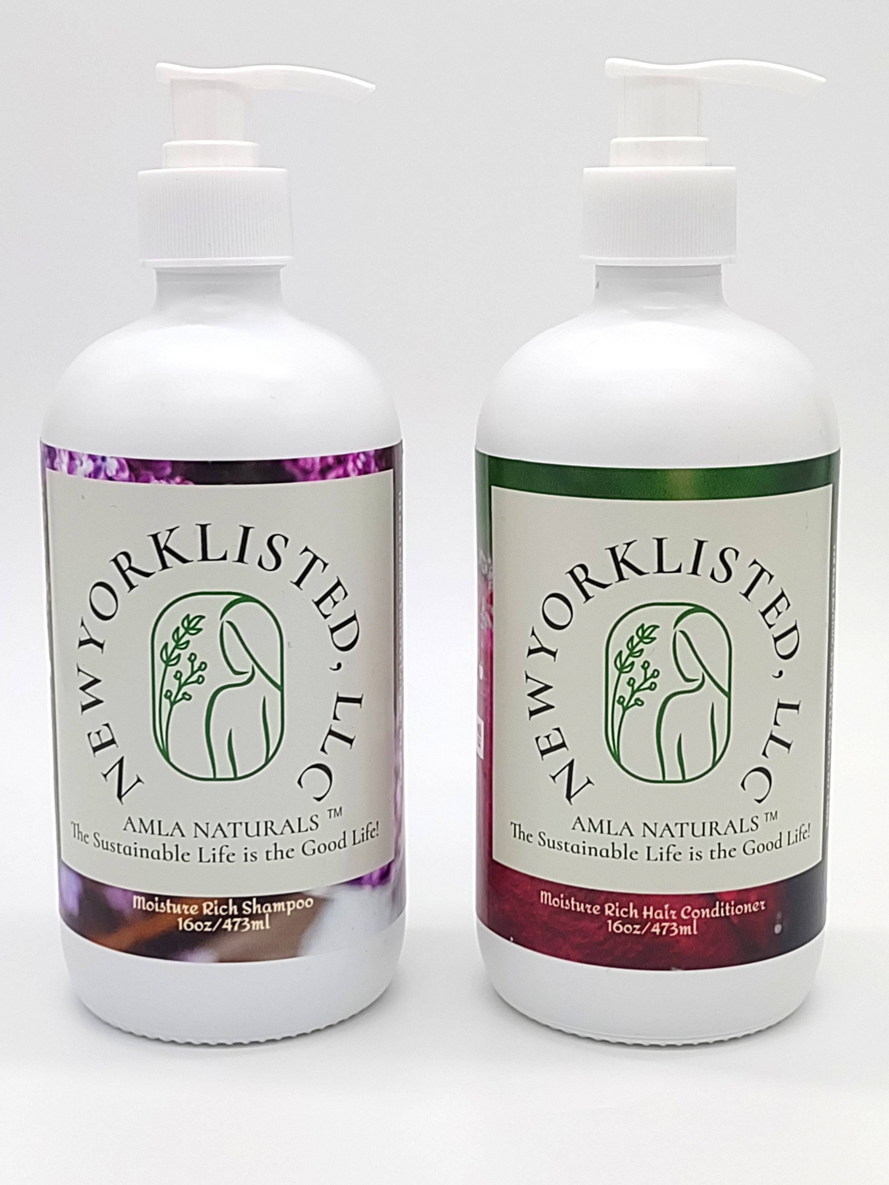 Two 16 oz bottles of AMLA NATURALS Moisture Rich Shampoo and Conditioner