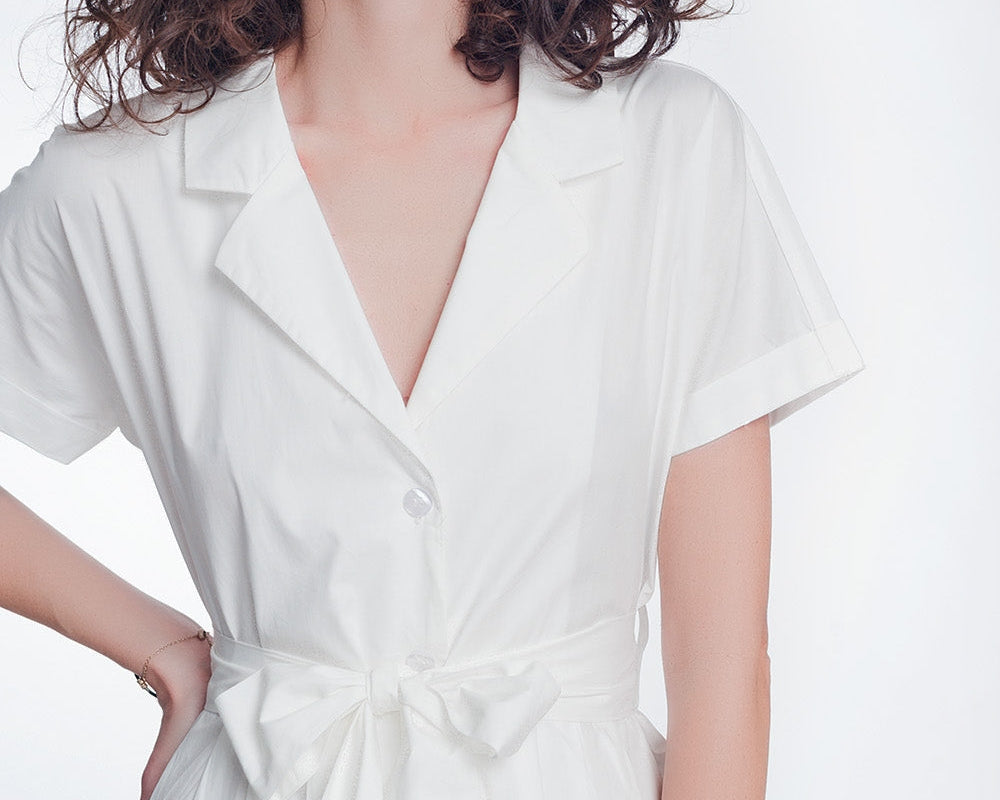 White Poplin Shirt Dress With Belt and Short Sleeve - NEWYORKLISTED