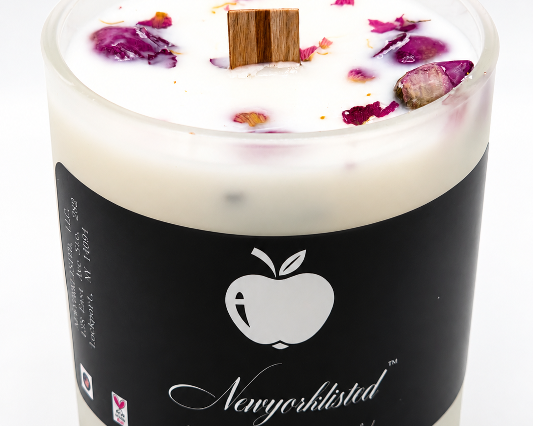 NEWYORKLISTED LUXURY SENSORY COLLECTION™: Botanical Wood Wick Candle – Hand-Poured Luxury Spa Candle: Candle with decorative elements and a black label on a white background