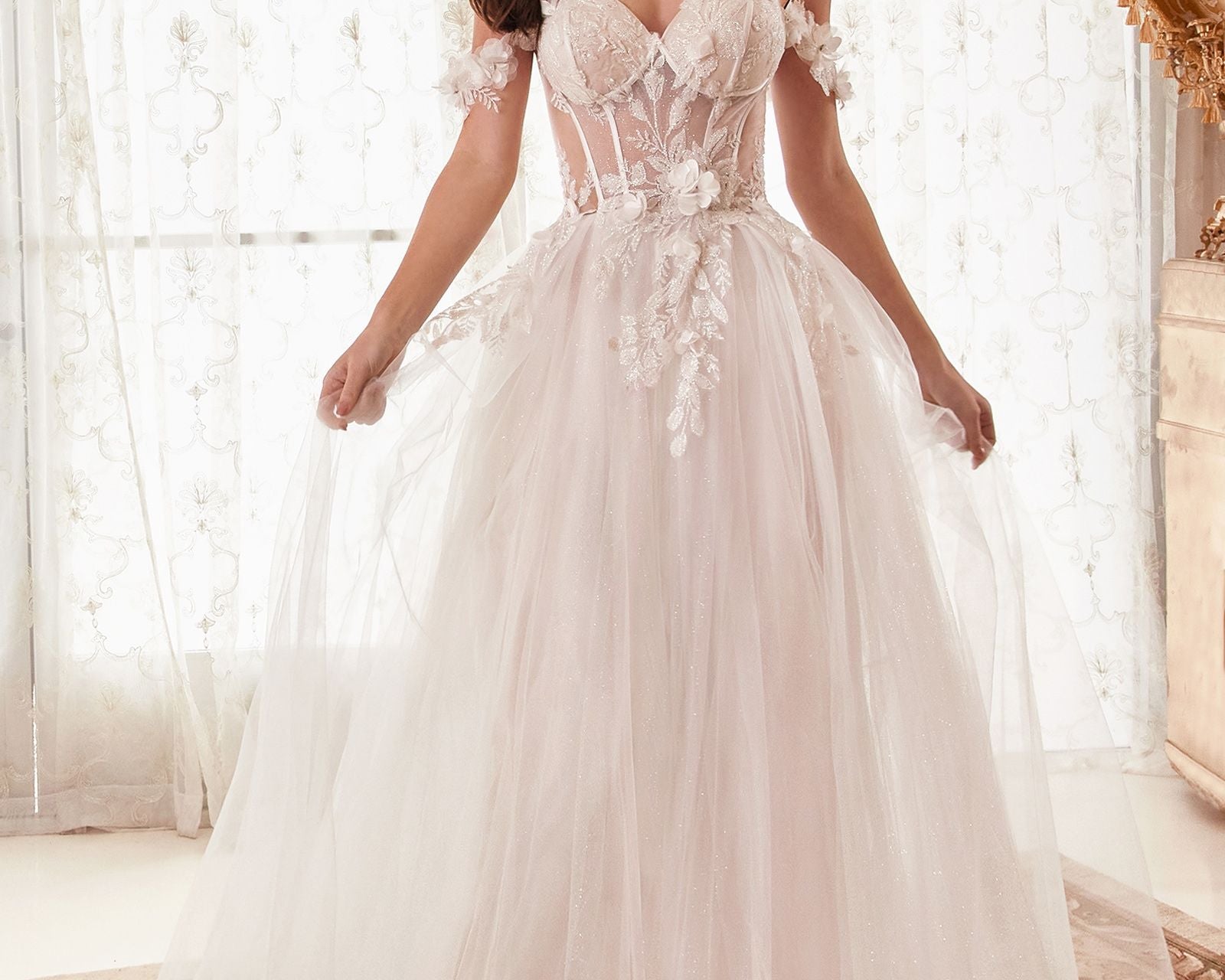 Off The Shoulder Floral A-Line Bridal Gown-0