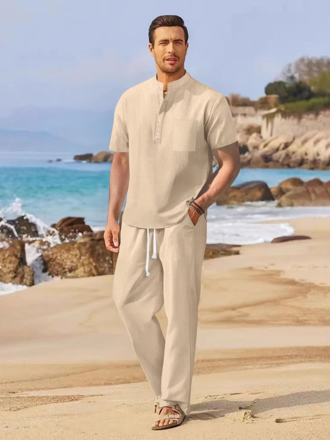 NEWYORKLISTED ATLAS MEN"S COLLECTION Half Button Top and Drawstring Pants Set - Beige