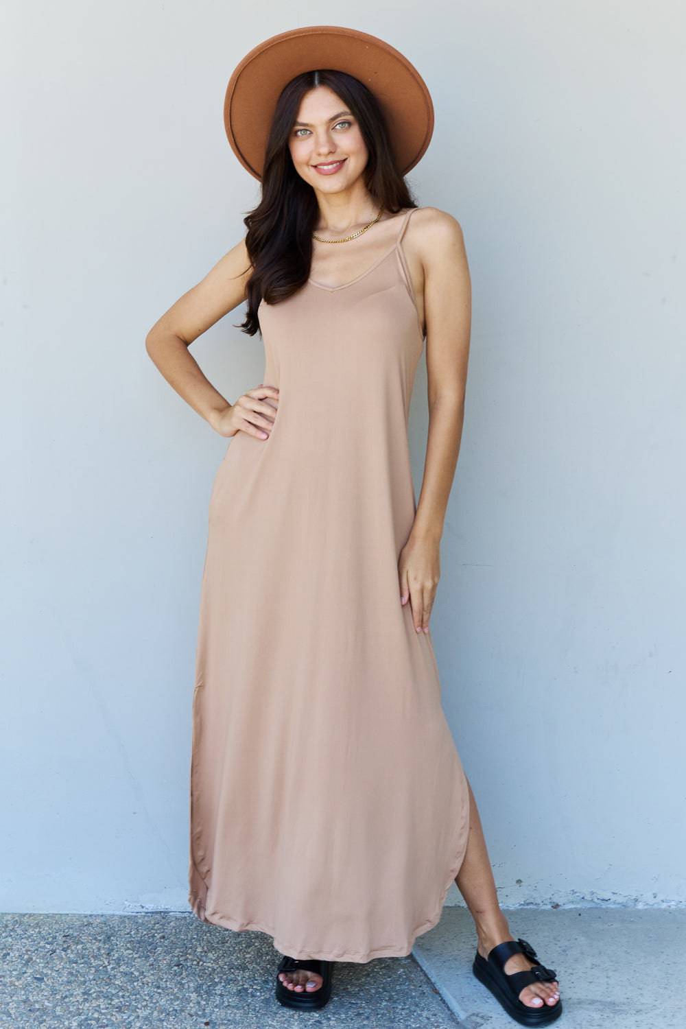 NYLD Full Size Cami Side Slit Maxi Dress in Camel - NEWYORKLISTED