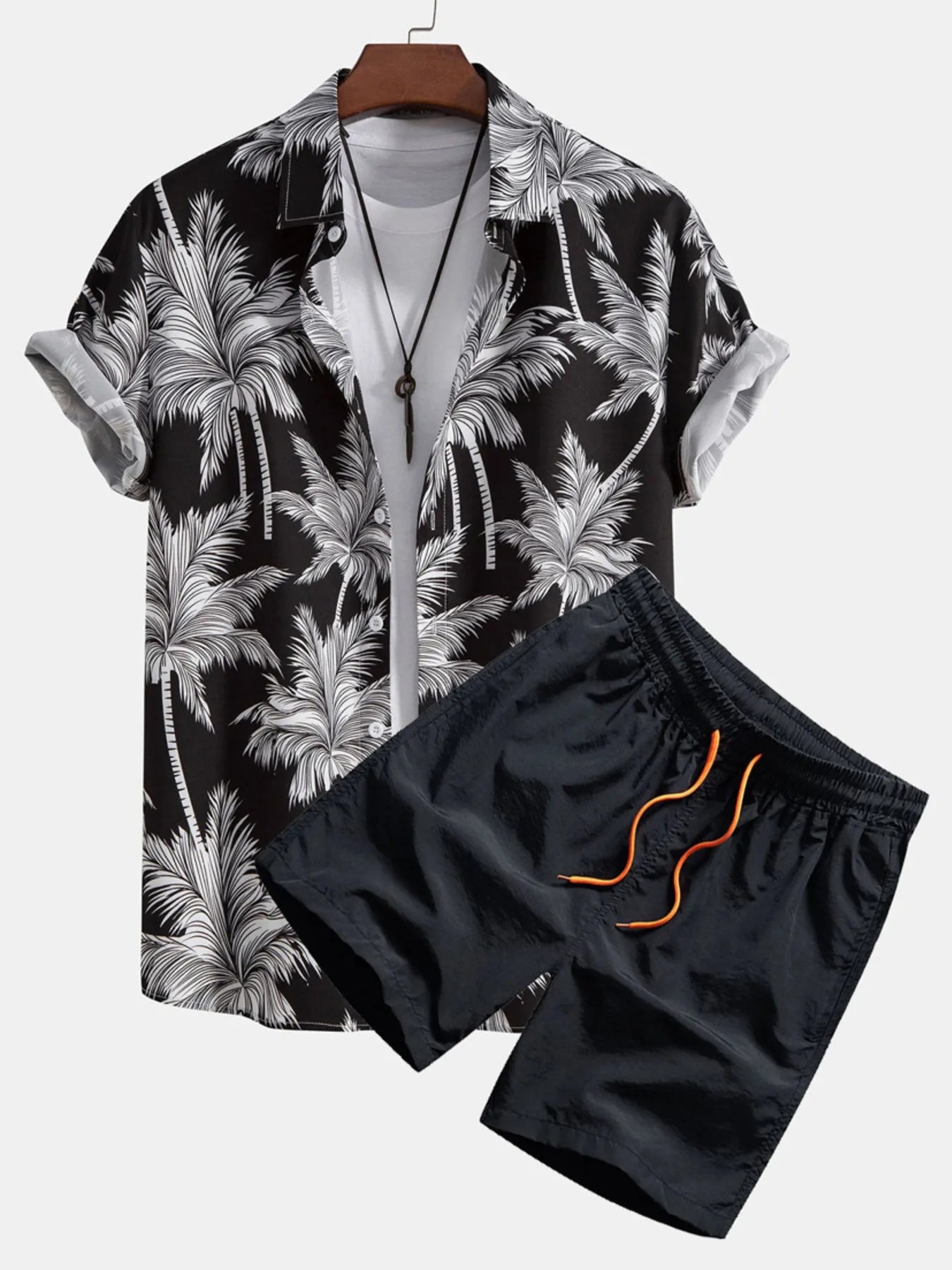 NEWYORKLISTED ATLAS MEN'S COLLECTION: Palm Tree Print Short Sleeve Shirt & Shorts Set – Men's Plus Size | Lightweight Two-Piece Outfit in Black