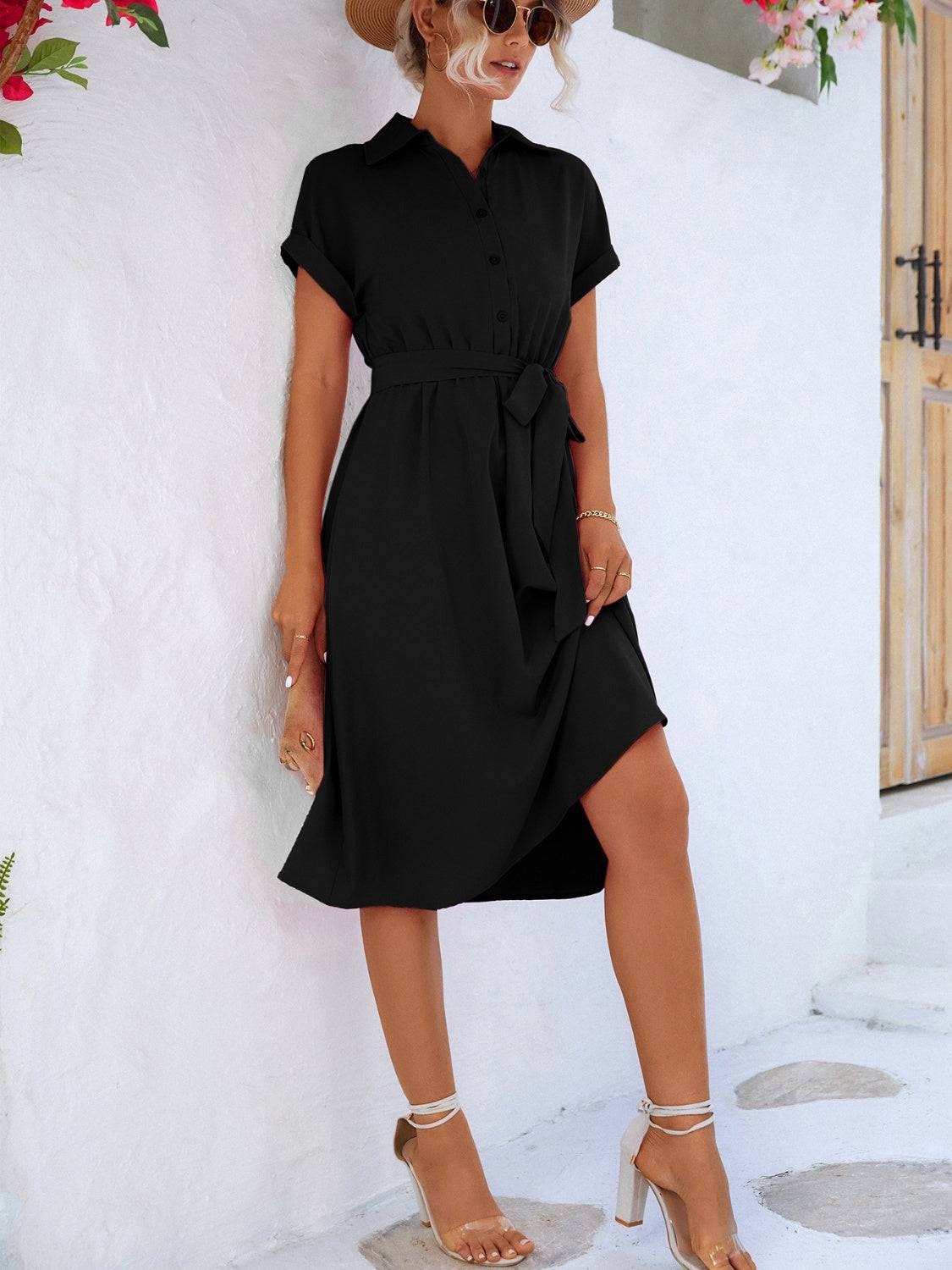 NYLD Buttoned Tie Waist Short Sleeve Dress - NEWYORKLISTED