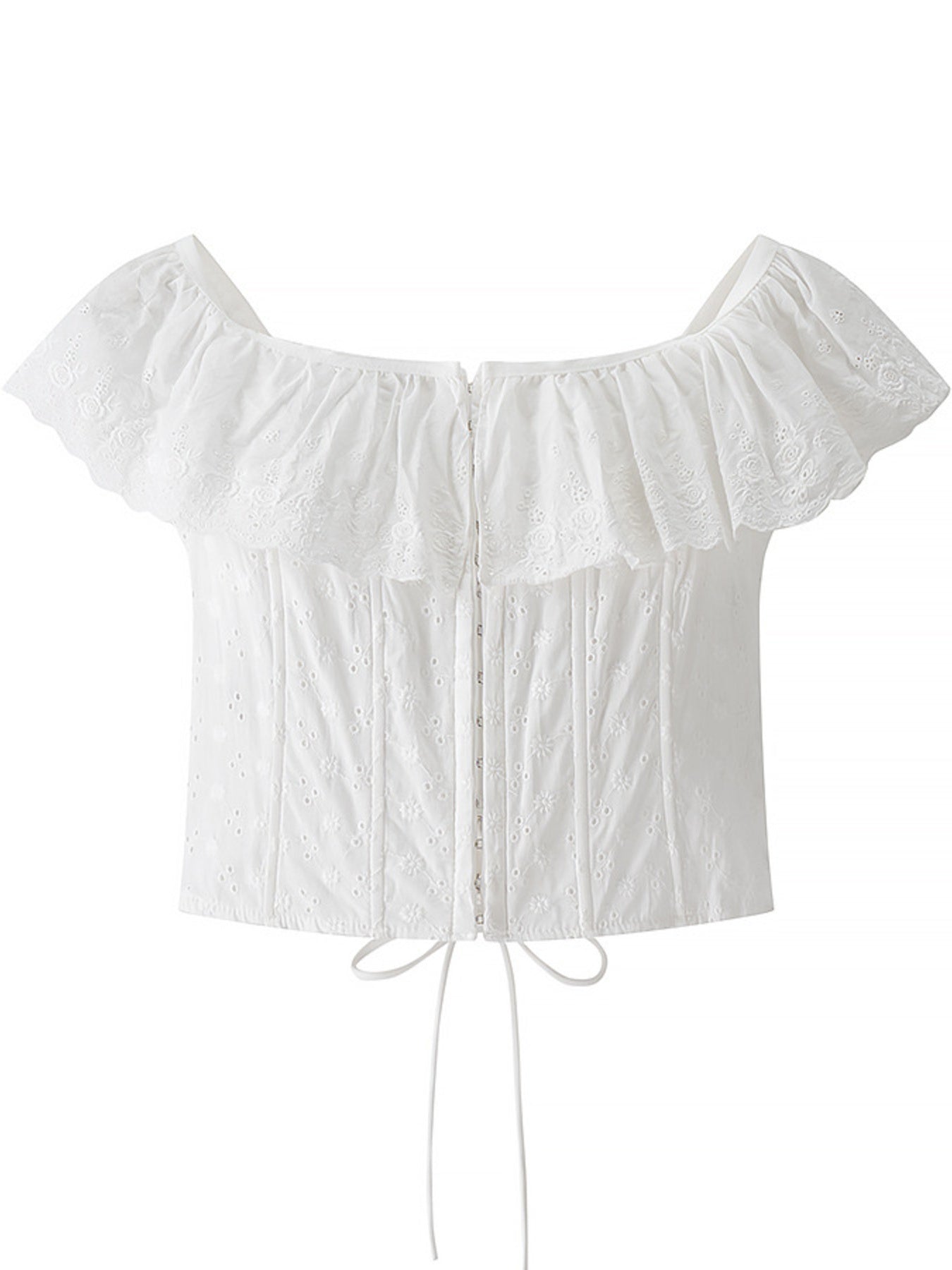 NEWYORKLISTED STYLE COLLECTION: White off-shoulder top with ruffled details on a white background