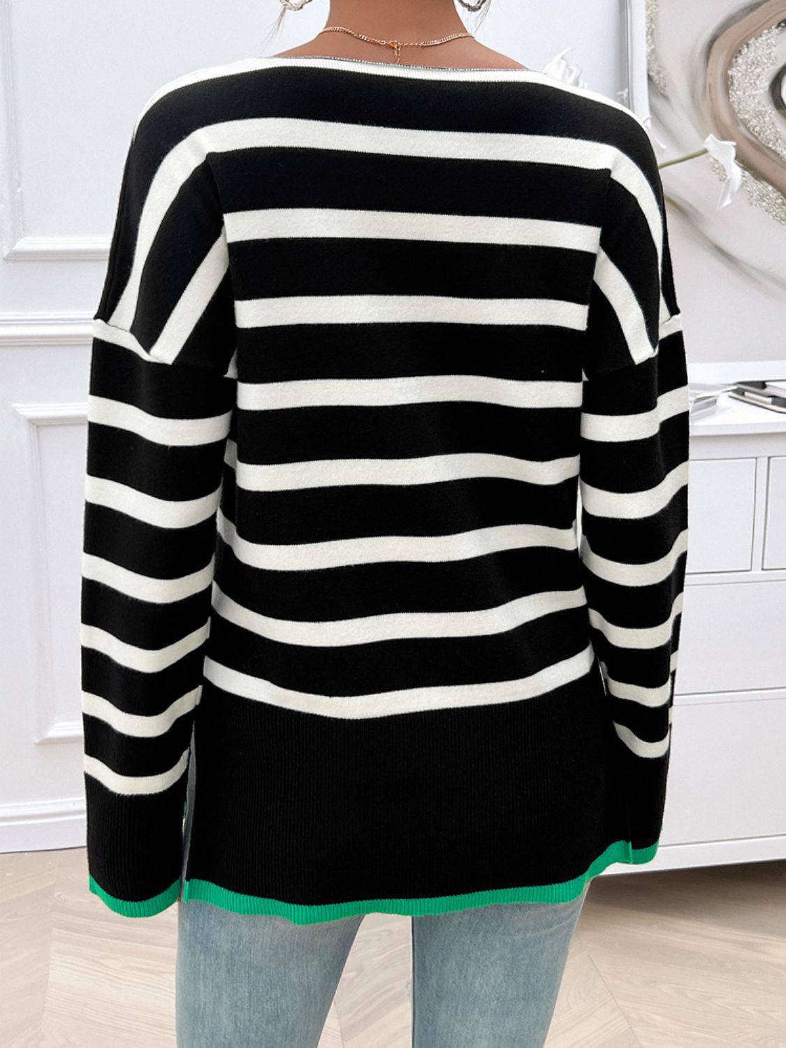NYLD Striped V-Neck Long Sleeve Knit Top - NEWYORKLISTED
