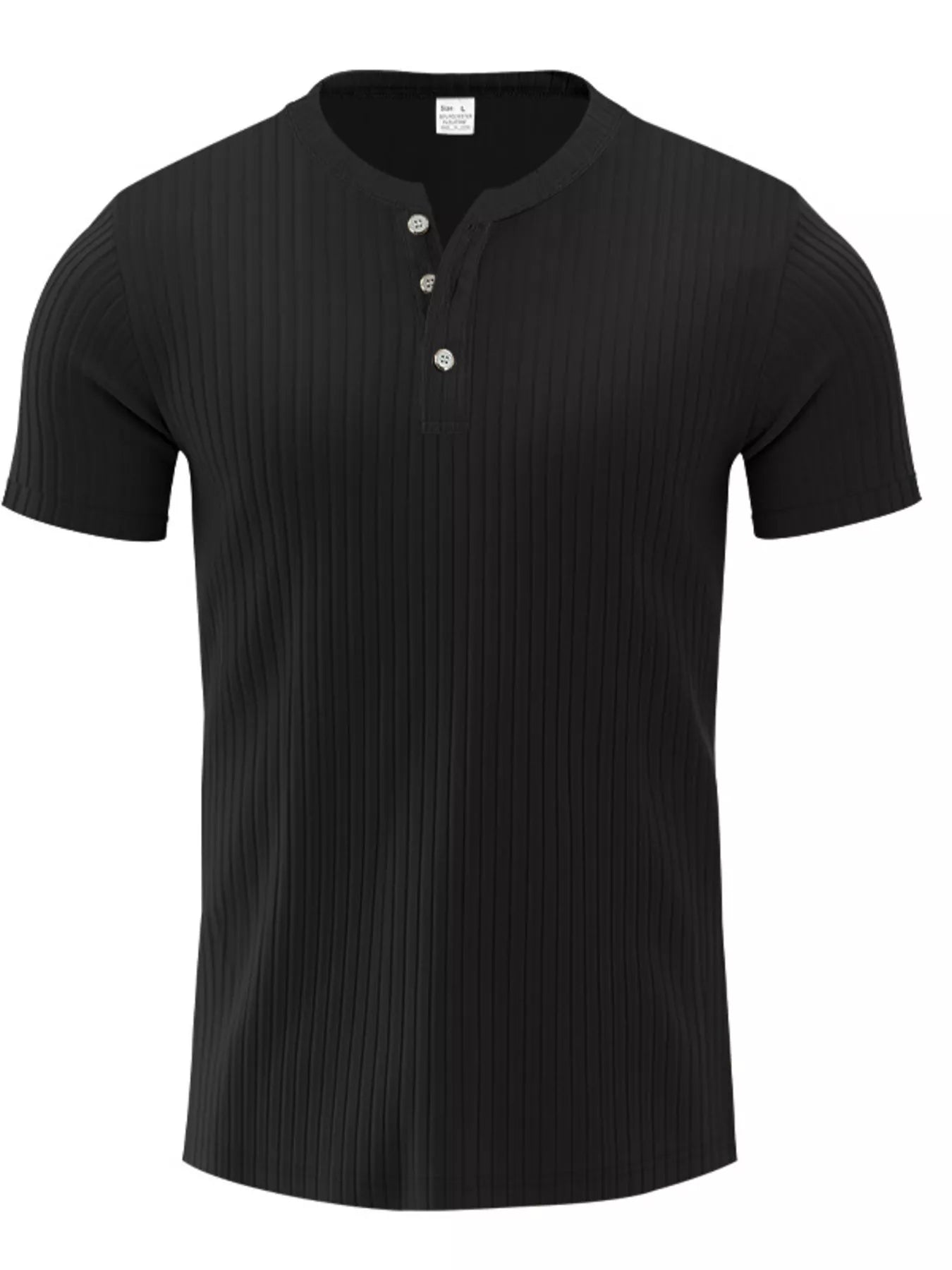 NEWYORKLISTED ATLAS MEN'S COLLECTION: Black short-sleeve henley shirt on a white background