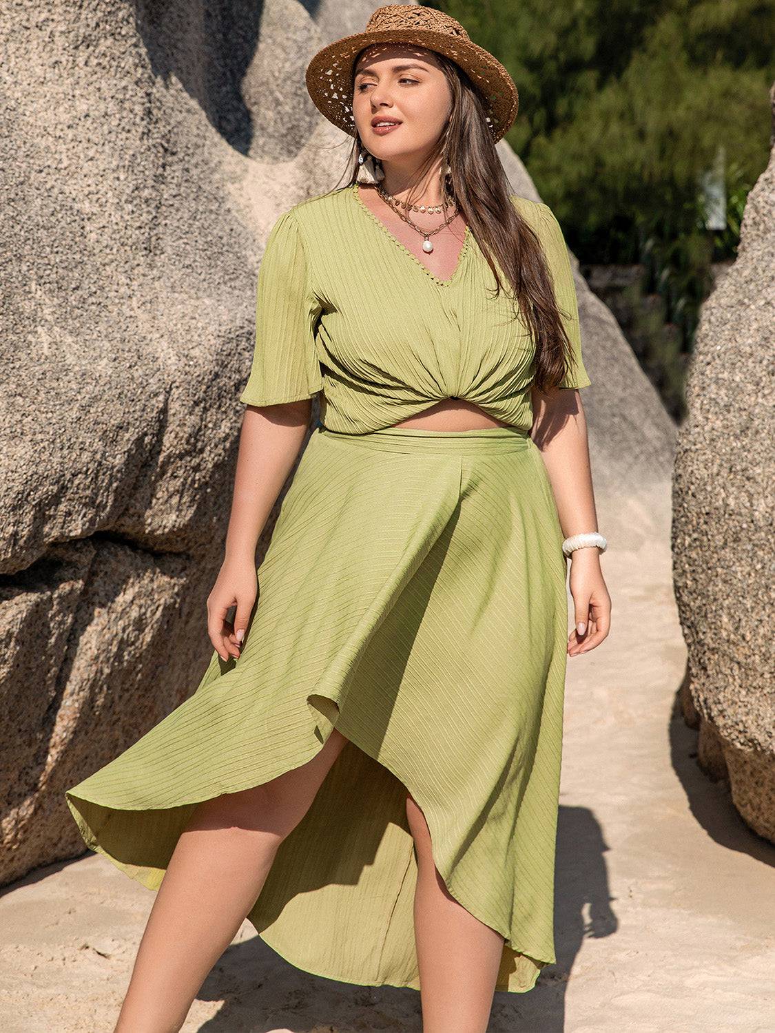 NYLD Plus Size V-Neck Half Sleeve Top and High-Low Skirt Set - NEWYORKLISTED