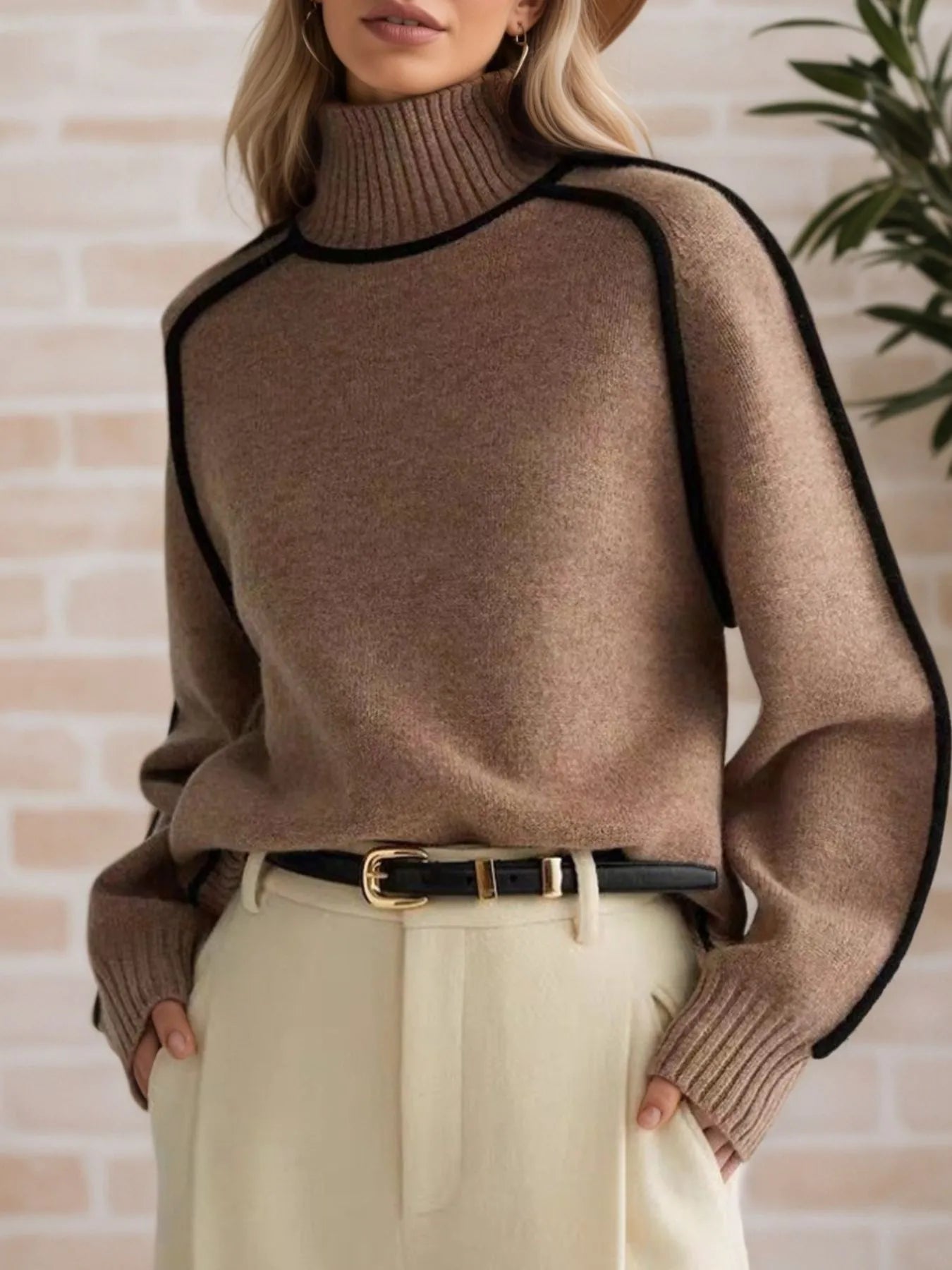 Person wearing a brown sweater with black accents against a light brick wall.