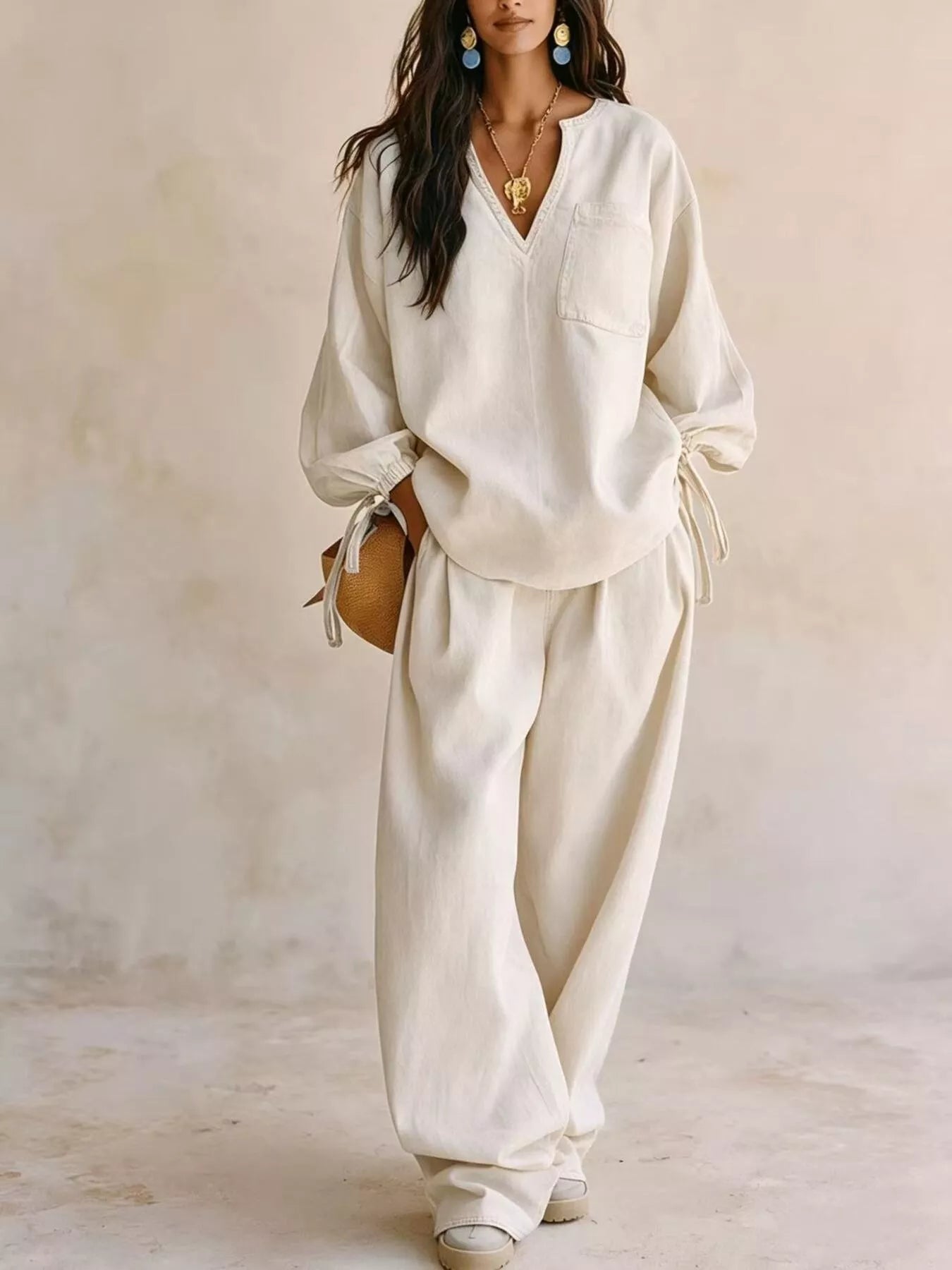 NEWYORKLISTED STYLE COLLECTION: A woman modeling a matching cream-colored lounge set consisting of a long-sleeve V-neck top with tie details at the cuffs and matching wide-leg trousers, set against a textured beige wall.