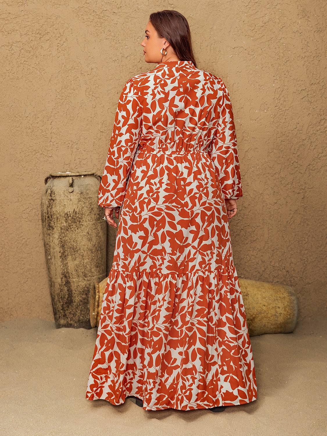Plus Size Printed Notched Long Sleeve Maxi Dress - NEWYORKLISTED