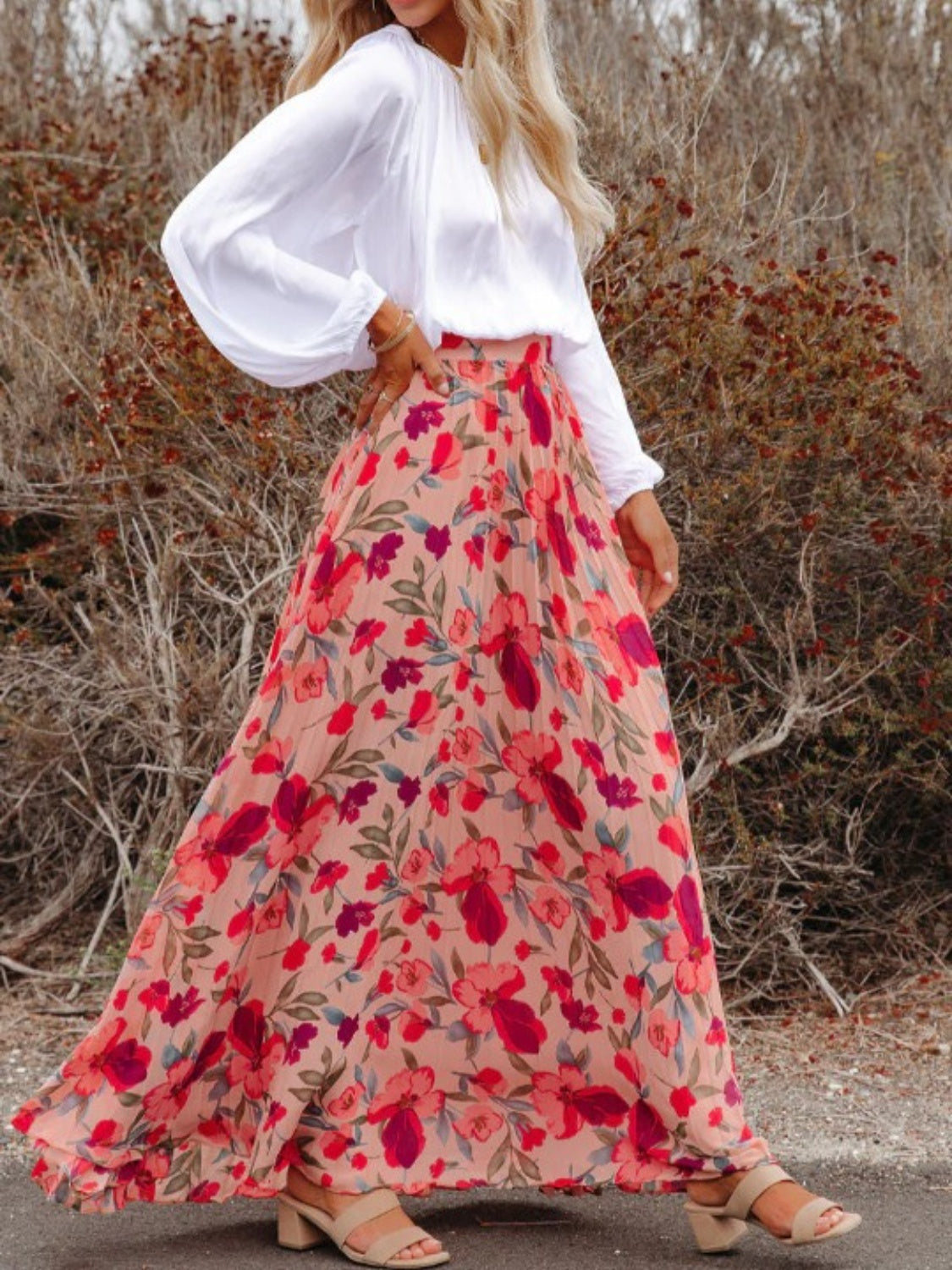 Printed Elastic Waist Pleated Maxi Skirt - NEWYORKLISTED