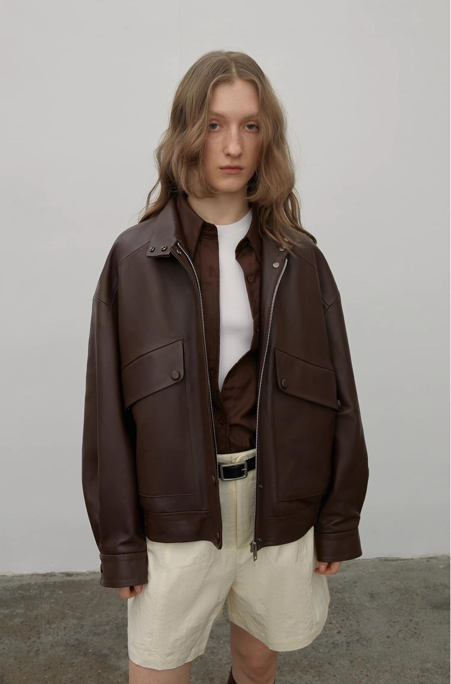 Brown Retro Genuine Leather Jacket Women's Motorcycle Sheep Leather Jacket Short "Loveless Muse" - NEWYORKLISTED