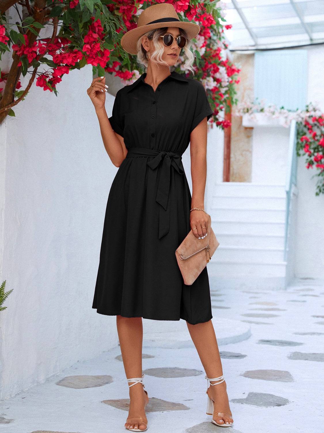 NYLD Buttoned Tie Waist Short Sleeve Dress - NEWYORKLISTED