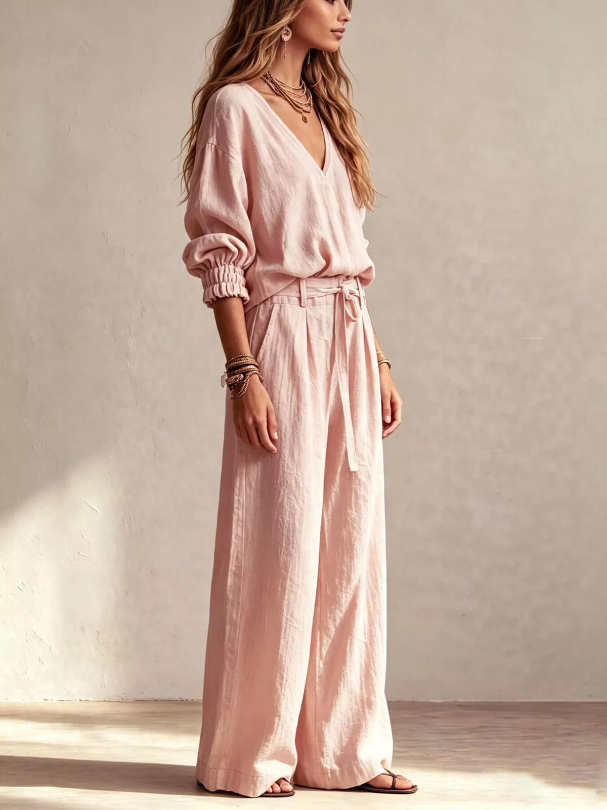 NEWYORKLISTED STYLE COLLECTION: A woman wearing a light pink linen-blend jumpsuit with a V-neck, gathered elbow-length sleeves, and a tie waist, standing against a textured beige wall.