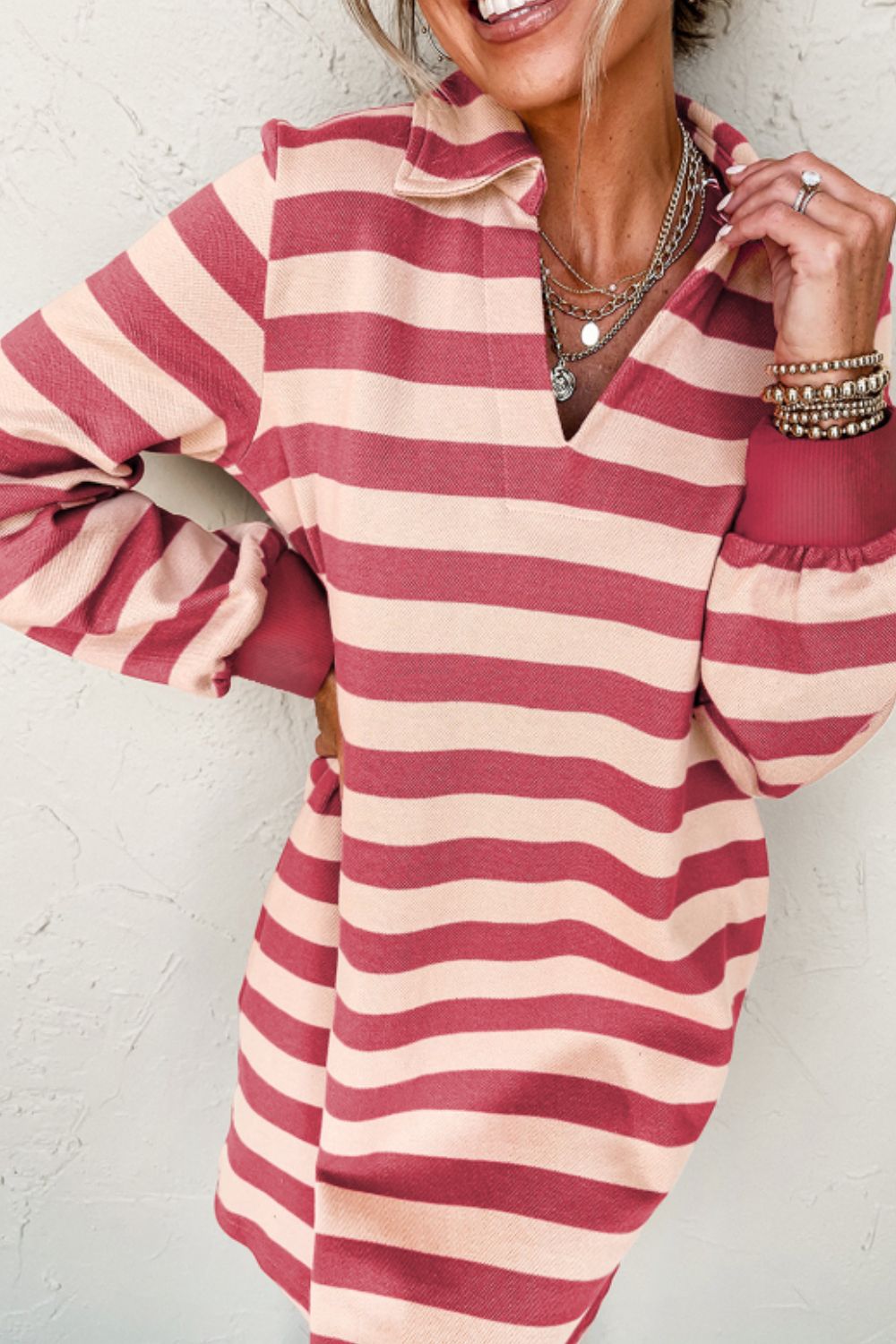 NEWYOKLISTED STYLE COLLECTION: Striped Johnny Collar Long Sleeve Mini Dress - NEWYORKLISTED